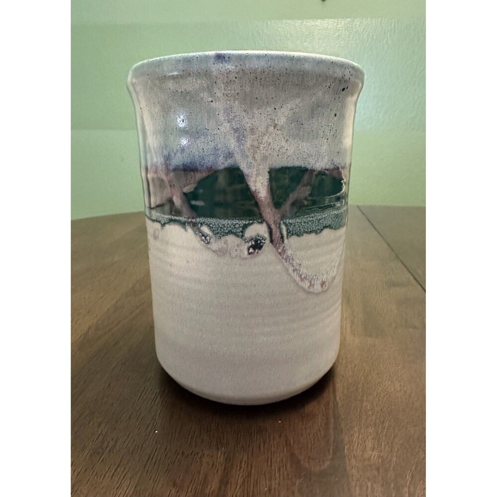 Art Pottery Vase/Utensil Holder Artist Signed  7.25" Tall Wide Mouth Handmade